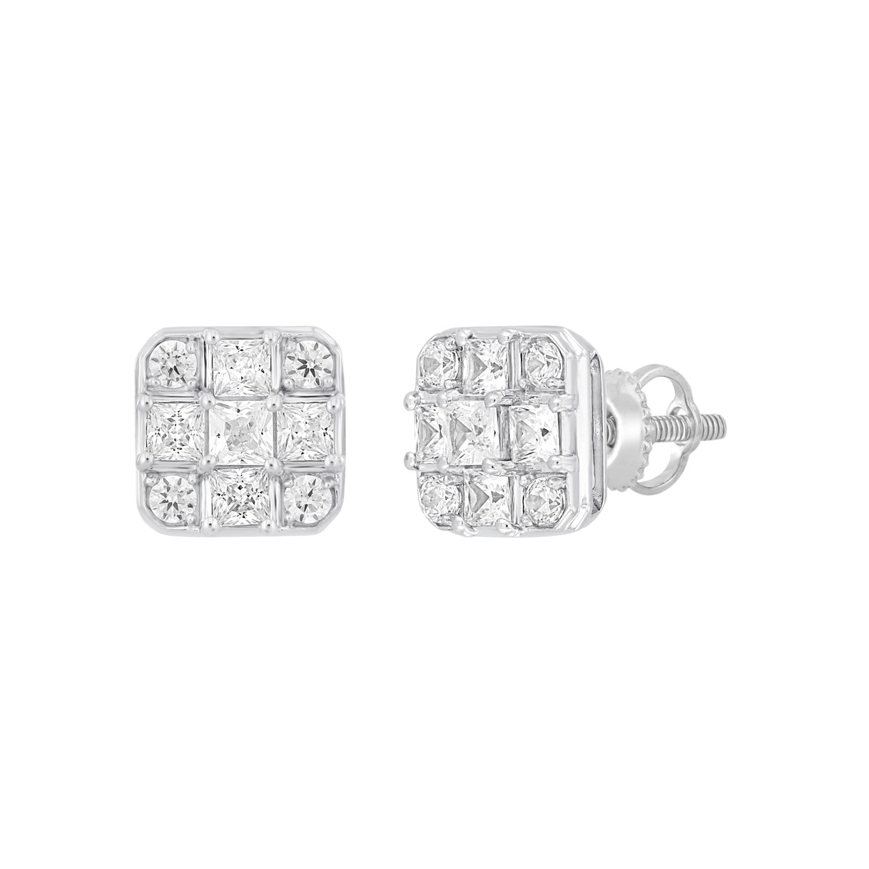 LADIES EARRINGS 1CT ROUND/PRINCESS DIAMOND 14K WHITE GOLD
