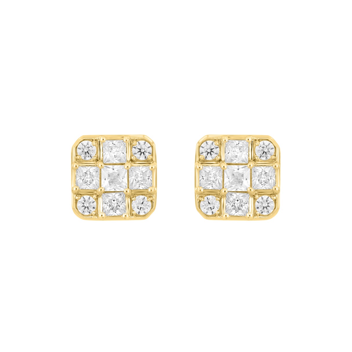 MEN'S EARRINGS 1CT ROUND/PRINCESS DIAMOND 14K YELLOW GOLD