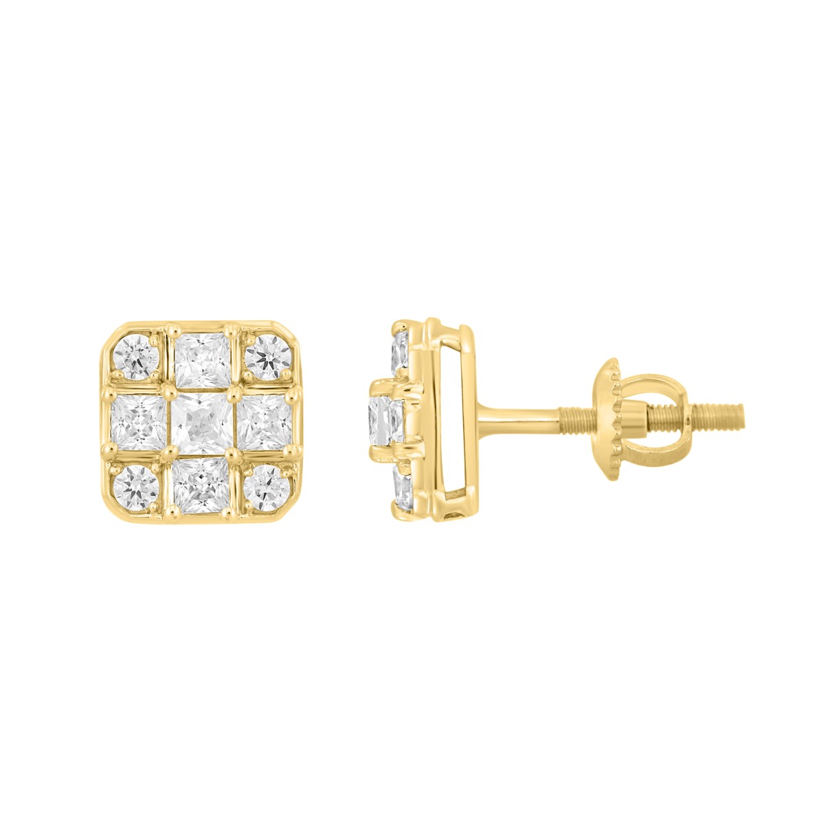 MEN'S EARRINGS 1CT ROUND/PRINCESS DIAMOND 14K YELLOW GOLD