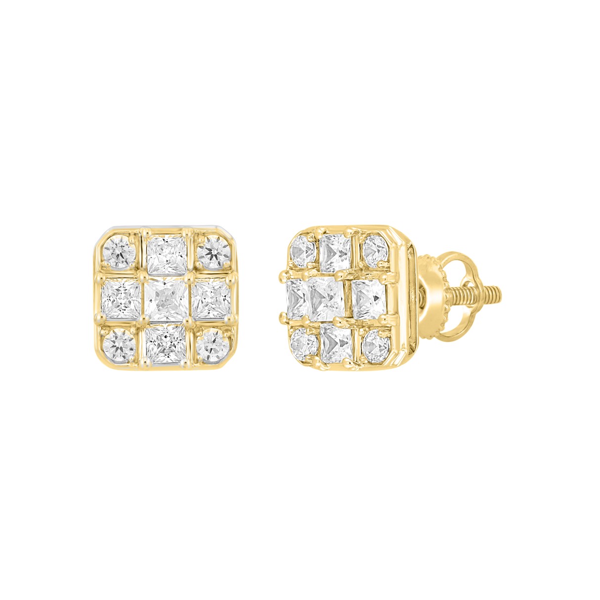MEN'S EARRINGS 1CT ROUND/PRINCESS DIAMOND 14K YELLOW GOLD