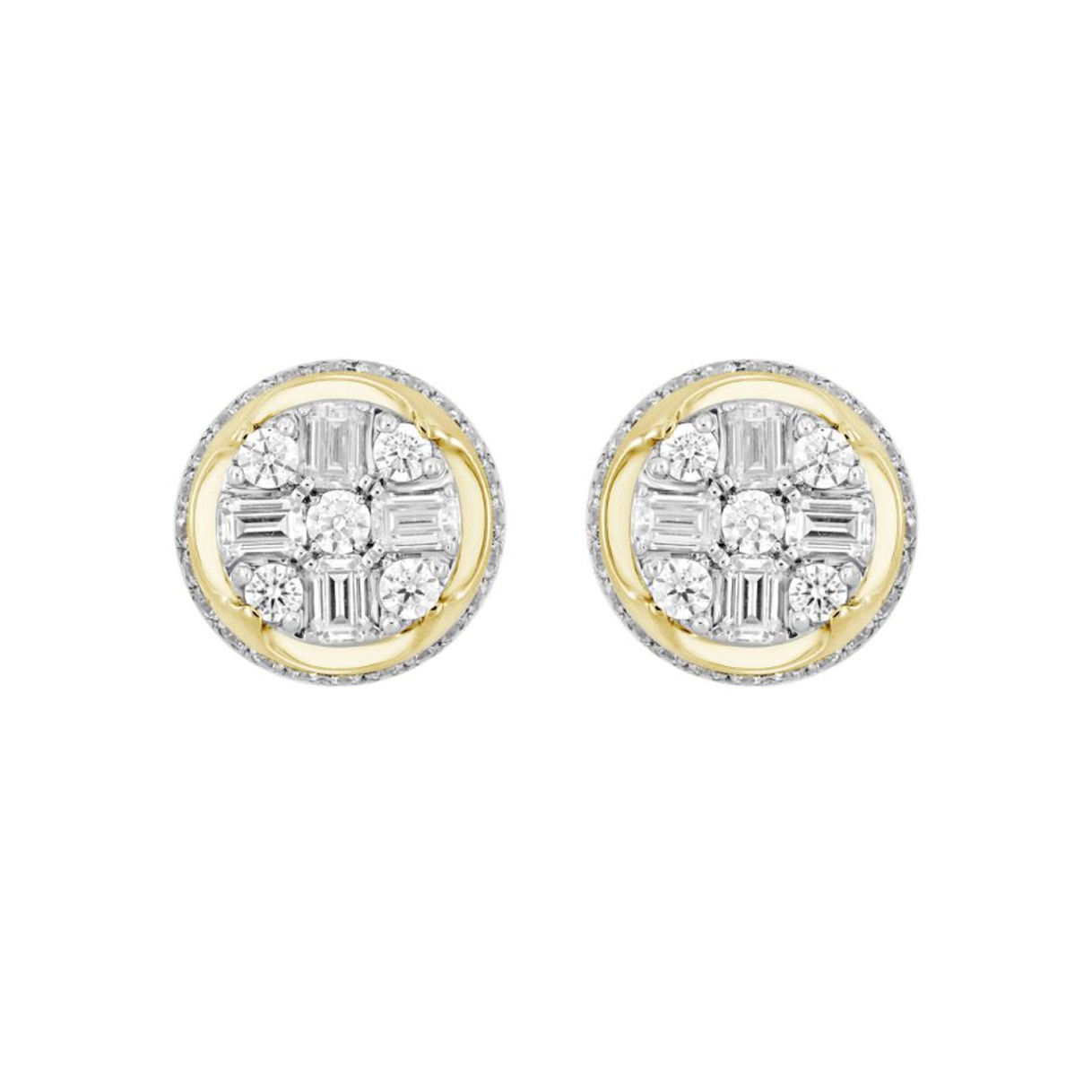 MEN'S EARRINGS 1 1/2CT ROUND/EMERALD DIAMOND 14K YELLOW GOLD
