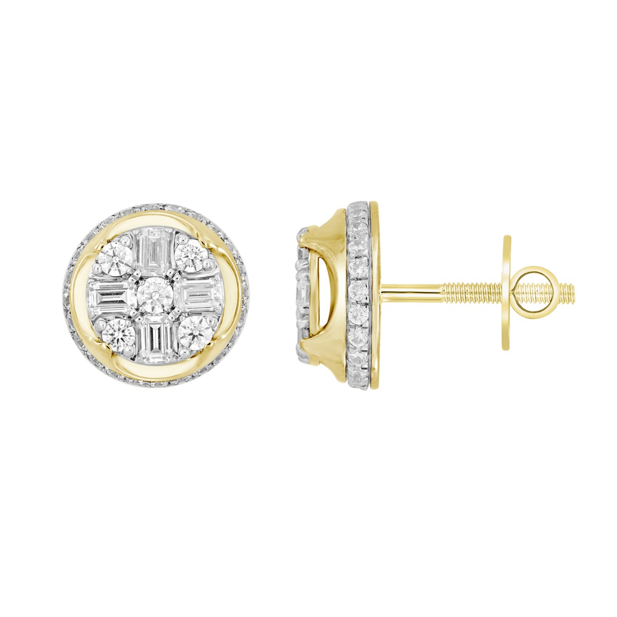 MEN'S EARRINGS 1 1/2CT ROUND/EMERALD DIAMOND 14K YELLOW GOLD