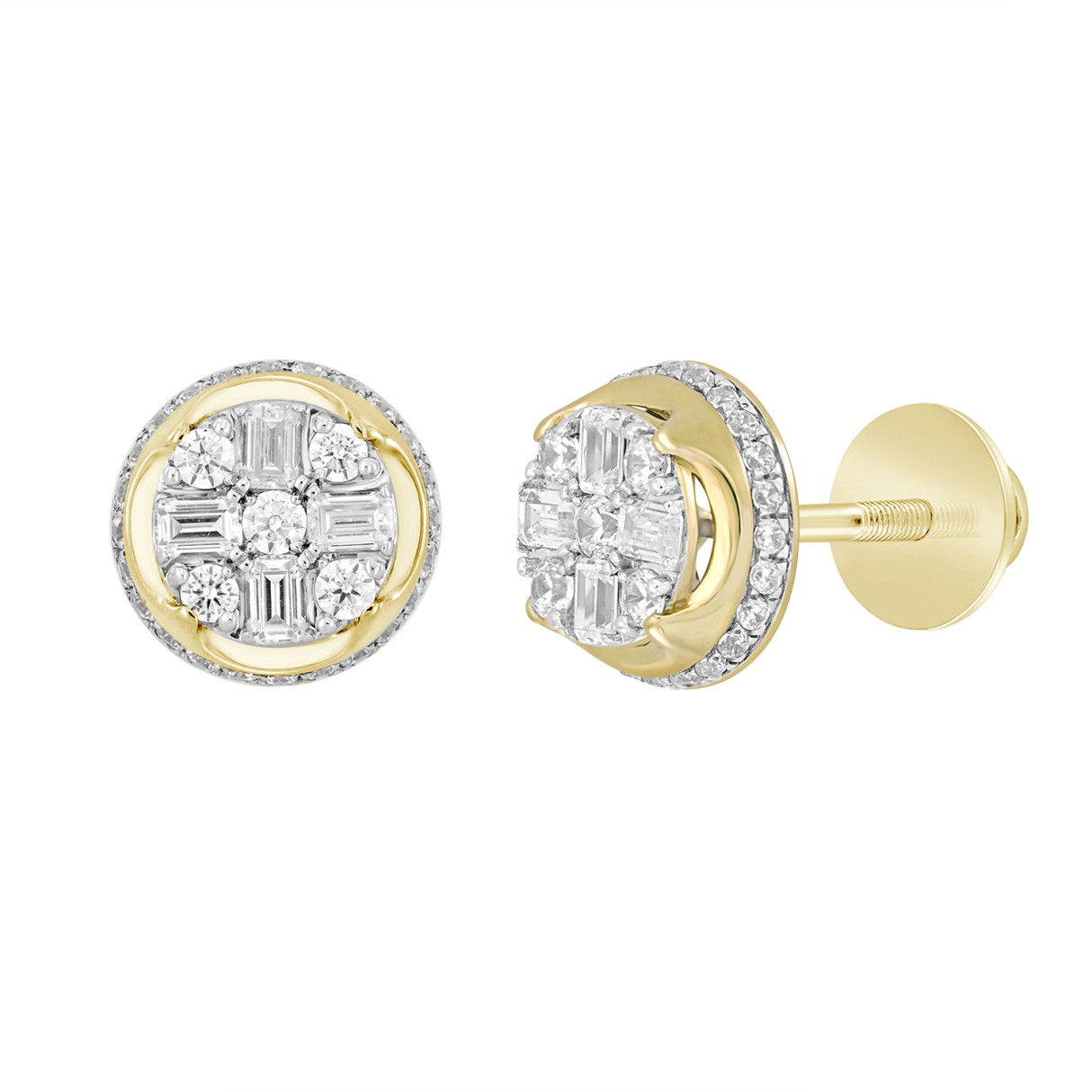 MEN'S EARRINGS 1 1/2CT ROUND/EMERALD DIAMOND 14K YELLOW GOLD