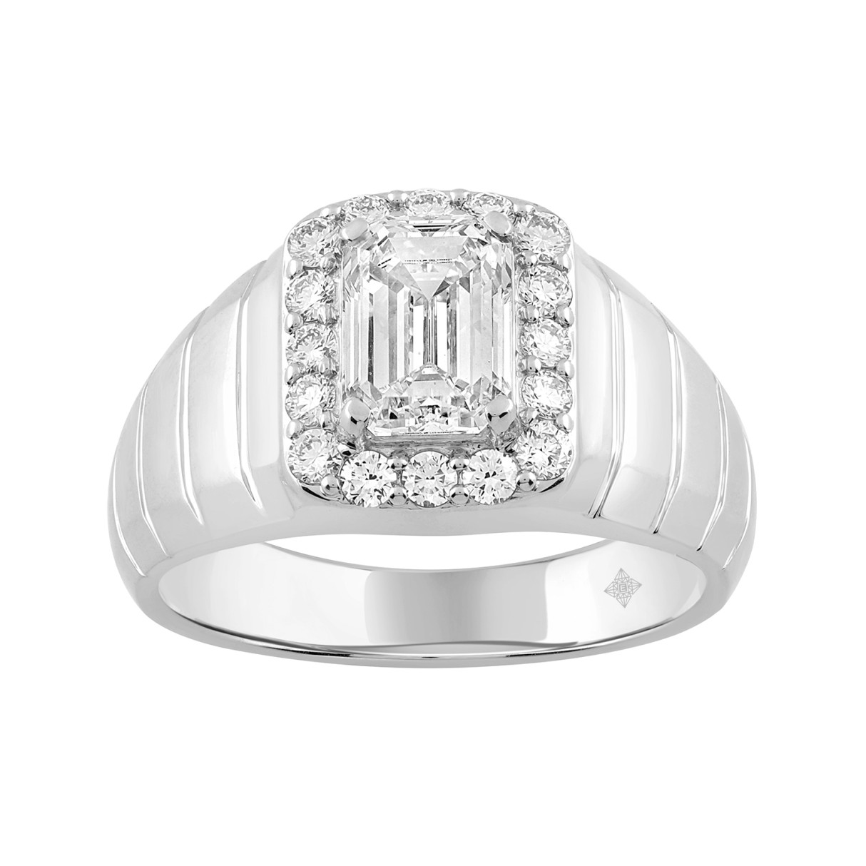 MEN'S RING 2 1/2CT ROUND/EMERALD DIAMOND 14K WHITE GOLD