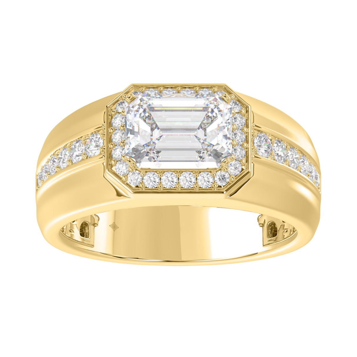 Luxury Mens Ring 18K Yellow Gold 2 1/2Ct Round Diamond 2.00Ct Emerald Center Stone (Color F-G -Clarity Vs1/Vs2)