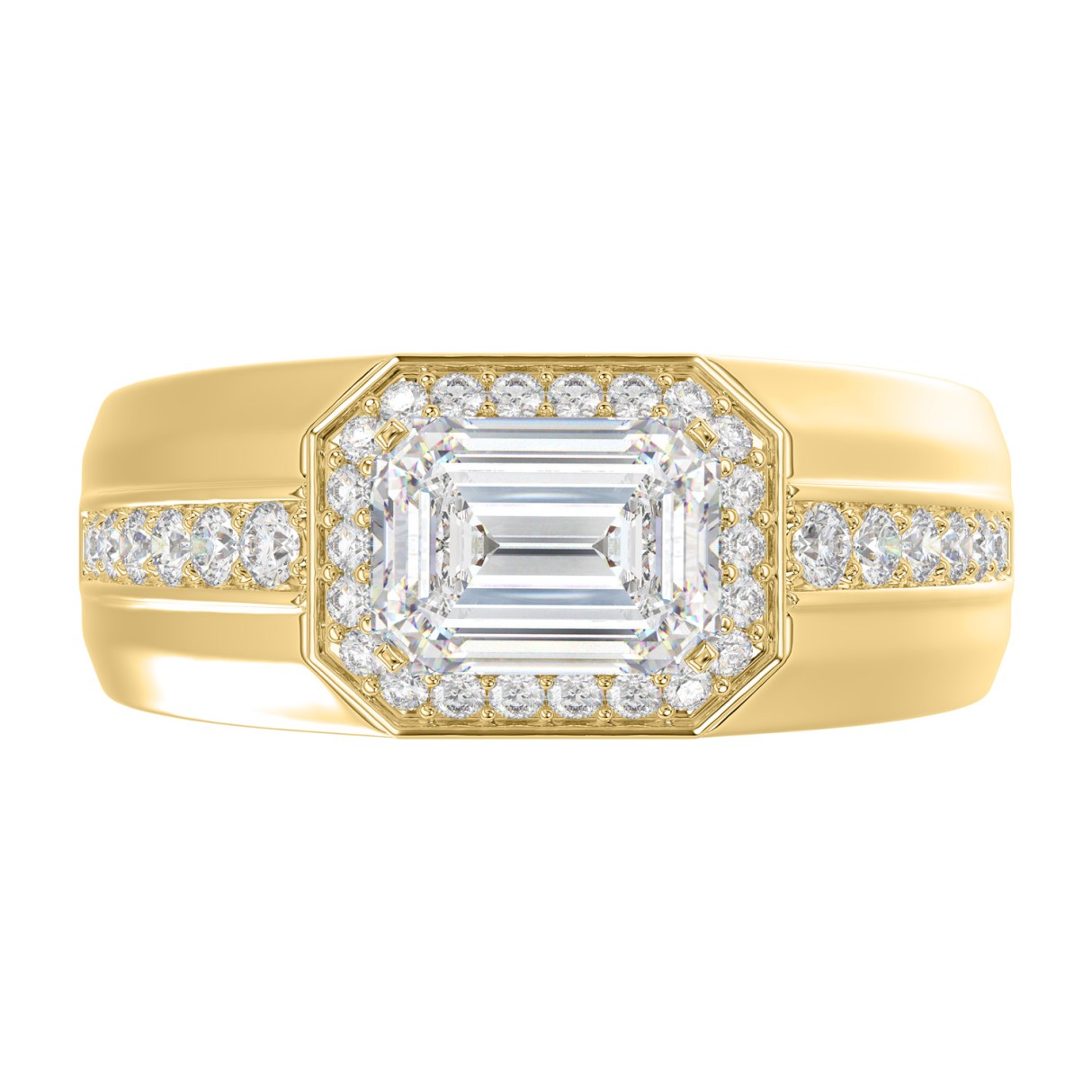 Luxury Mens Ring 18K Yellow Gold 2 1/2Ct Round Diamond 2.00Ct Emerald Center Stone (Color F-G -Clarity Vs1/Vs2)