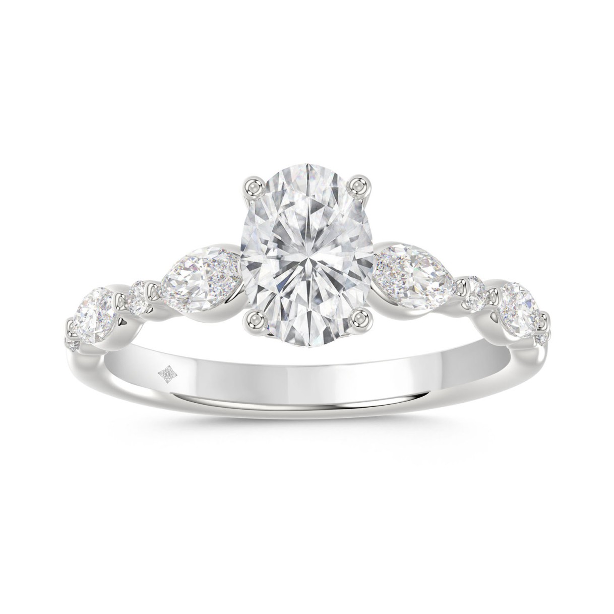 14K White Gold Oval Diamond Ring 1 1/2Ct With Roun...