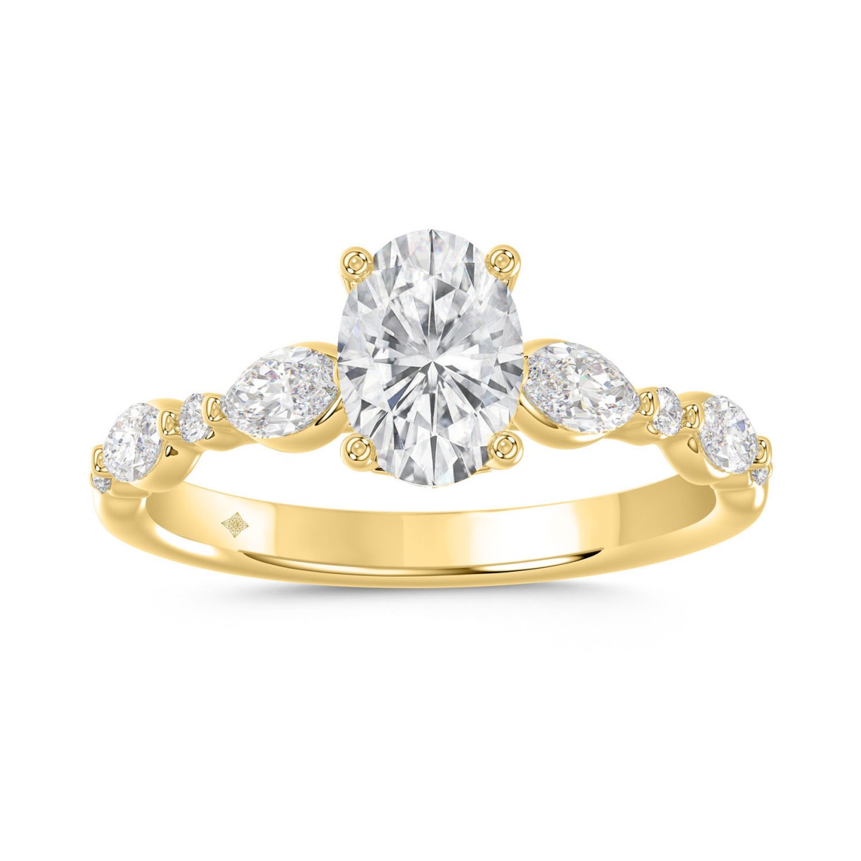 Elegant 14K Yellow Gold 1 1/2Ct Lab-Grown Diamond Ladies Engagement Ring Round, Oval & Marquise Diamond 1Ct Oval Center Stone (Color F-G -Clarity Vs1/Vs2)