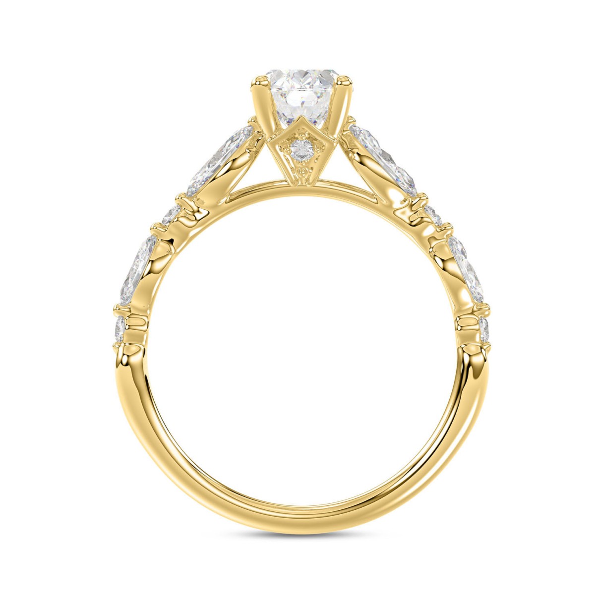 Elegant 14K Yellow Gold 1 1/2Ct Lab-Grown Diamond Ladies Engagement Ring Round, Oval & Marquise Diamond 1Ct Oval Center Stone (Color F-G -Clarity Vs1/Vs2)