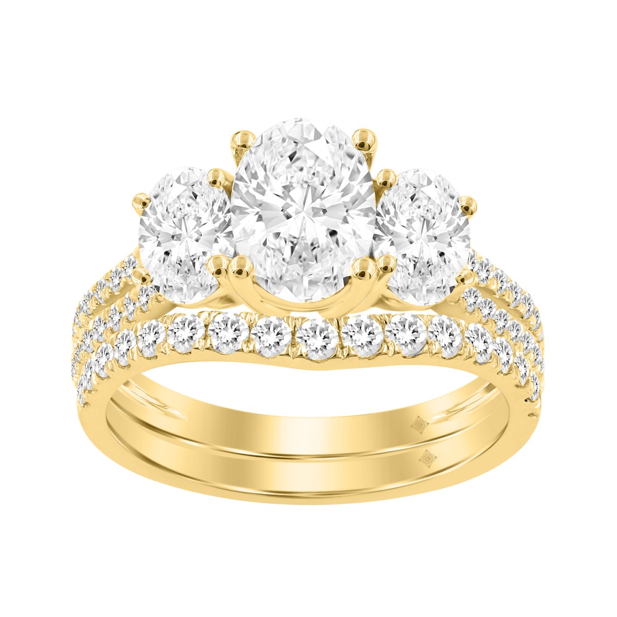 14K Yellow Gold 2 3/8Ct Oval & Round Diamond Bridal Set 1.00Ct Center Stone Oval Diamond Three Stone Engagement Ring With Matching Wedding Band For Women (Color F-G Clarity Vs1/Vs2)
