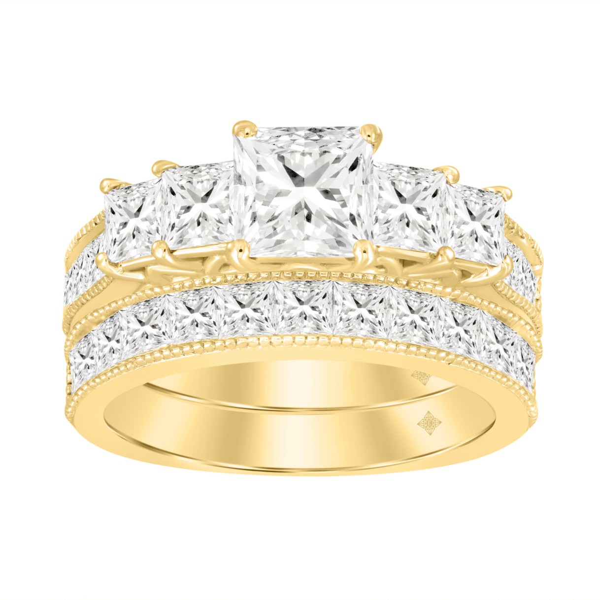 14K YELLOW GOLD 3 1/2CT ROUND/PRINCESS DIAMOND LADIES BRIDAL SET (CENTER STONE PRINCESS DIAMOND 3/4CT )