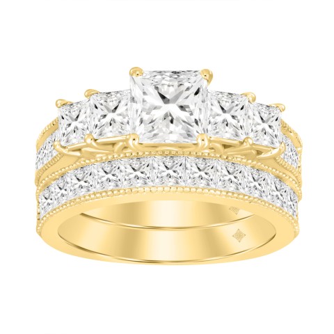 14K YELLOW GOLD 3 1/2CT ROUND/PRINCESS DIAMOND LADIES BRIDAL SET (CENTER STONE PRINCESS DIAMOND 3/4CT )