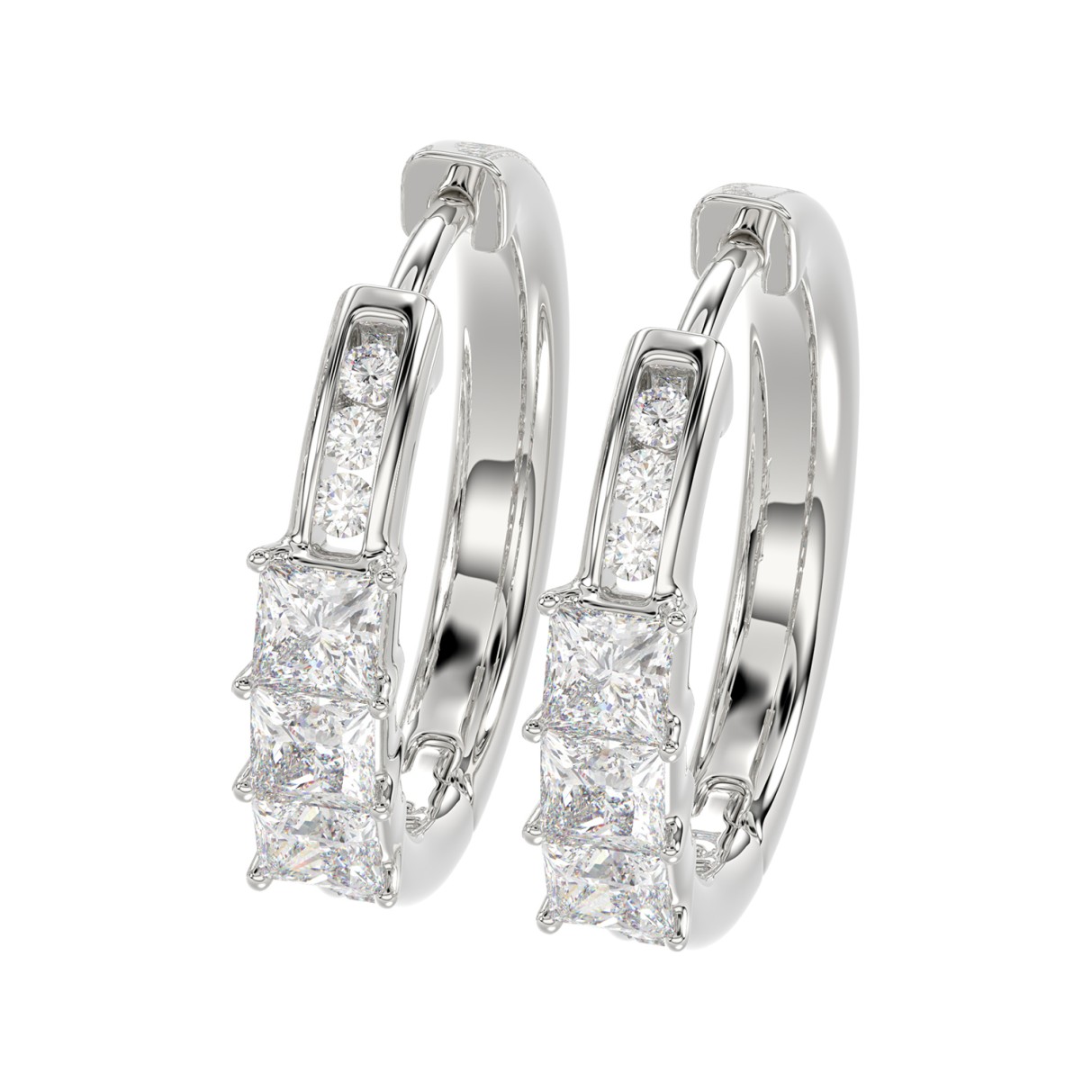 14K WHITE GOLD 1.00CT ROUND/PRINCESS DIAMOND HOOPS EARRING