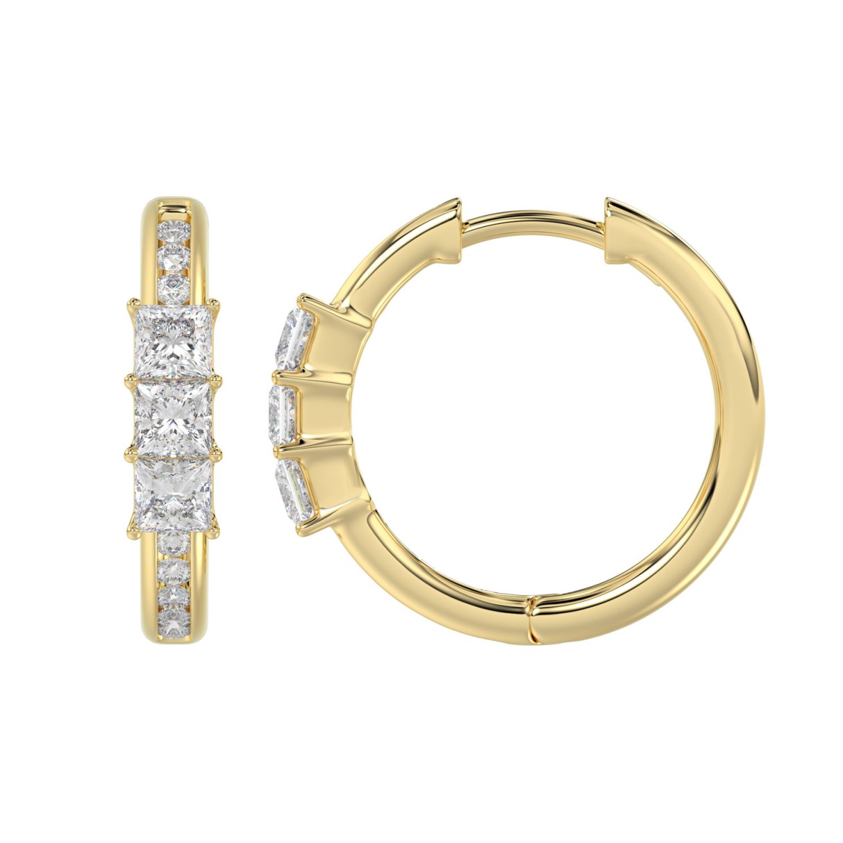 Elegant 14K Yellow Gold Round & Princess Cut 1.00 CT Diamond Ladies Hoop Earrings