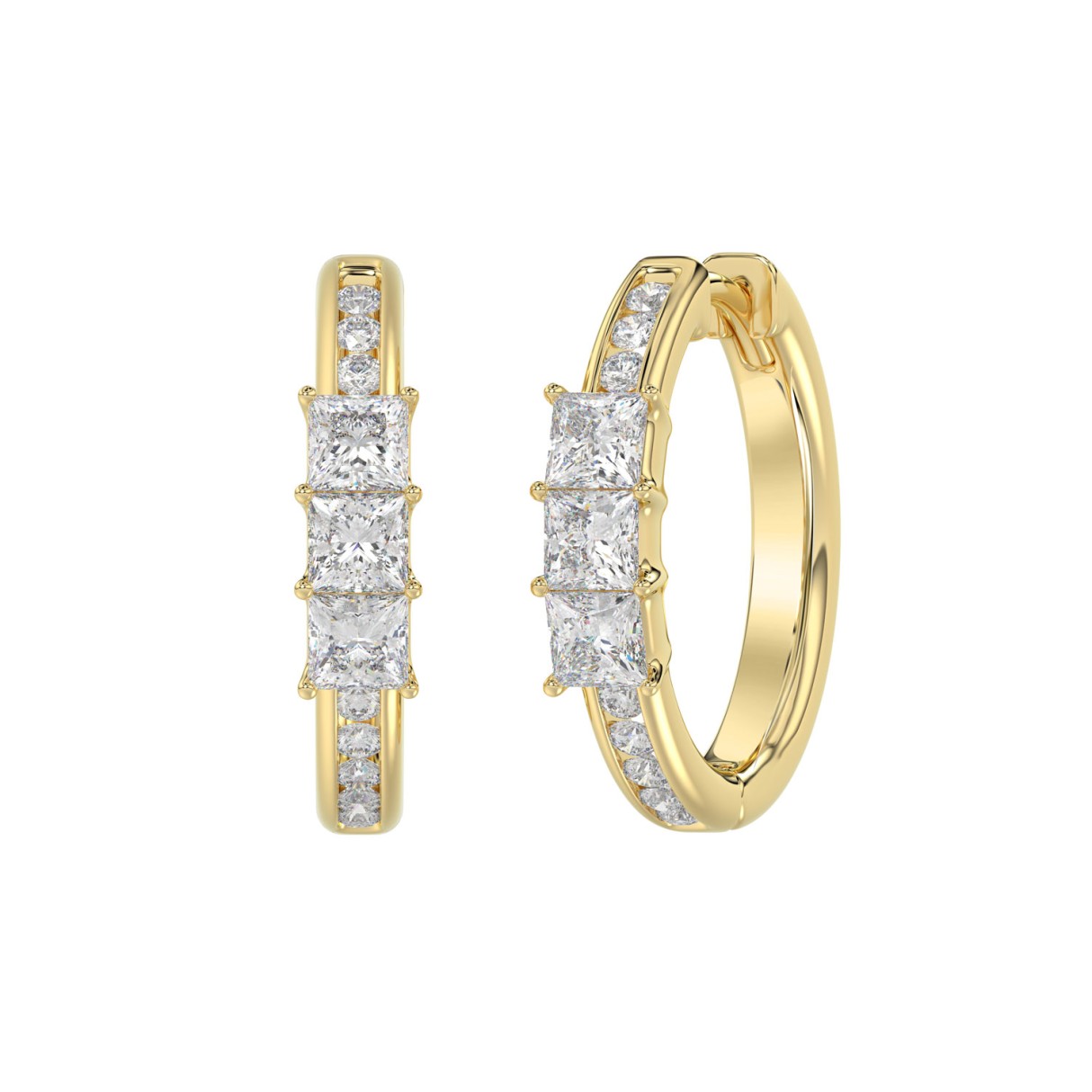 Elegant 14K Yellow Gold Round & Princess Cut 1.00 CT Diamond Ladies Hoop Earrings