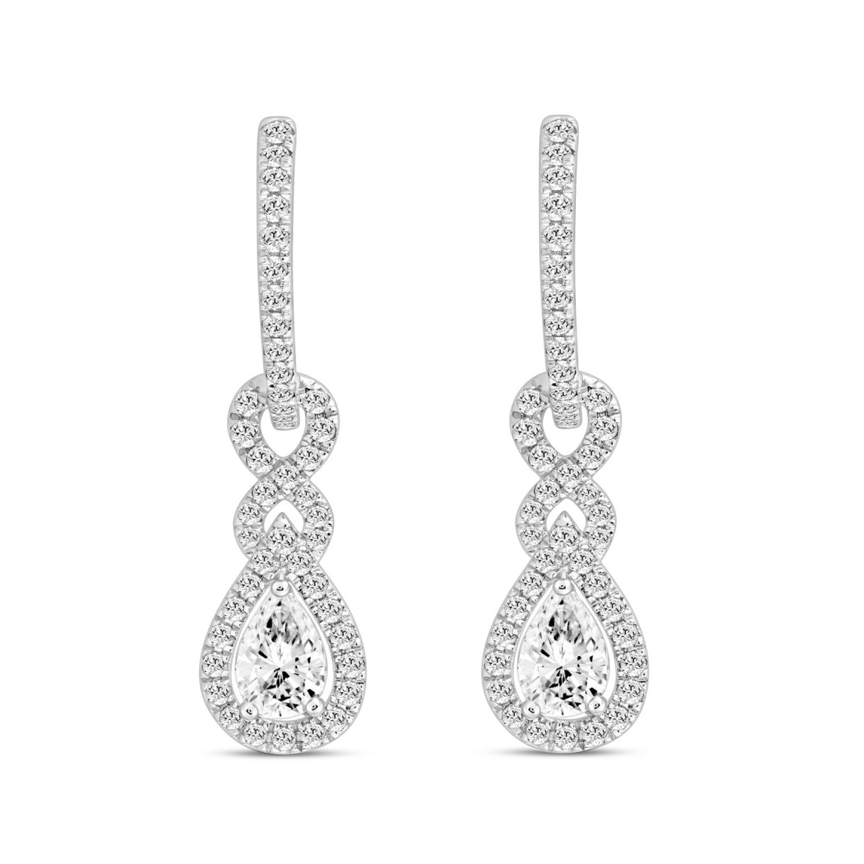 LADIES HOOPS EARRINGS 2.00CT ROUND/PEAR DIAMOND 14K WHITE GOLD