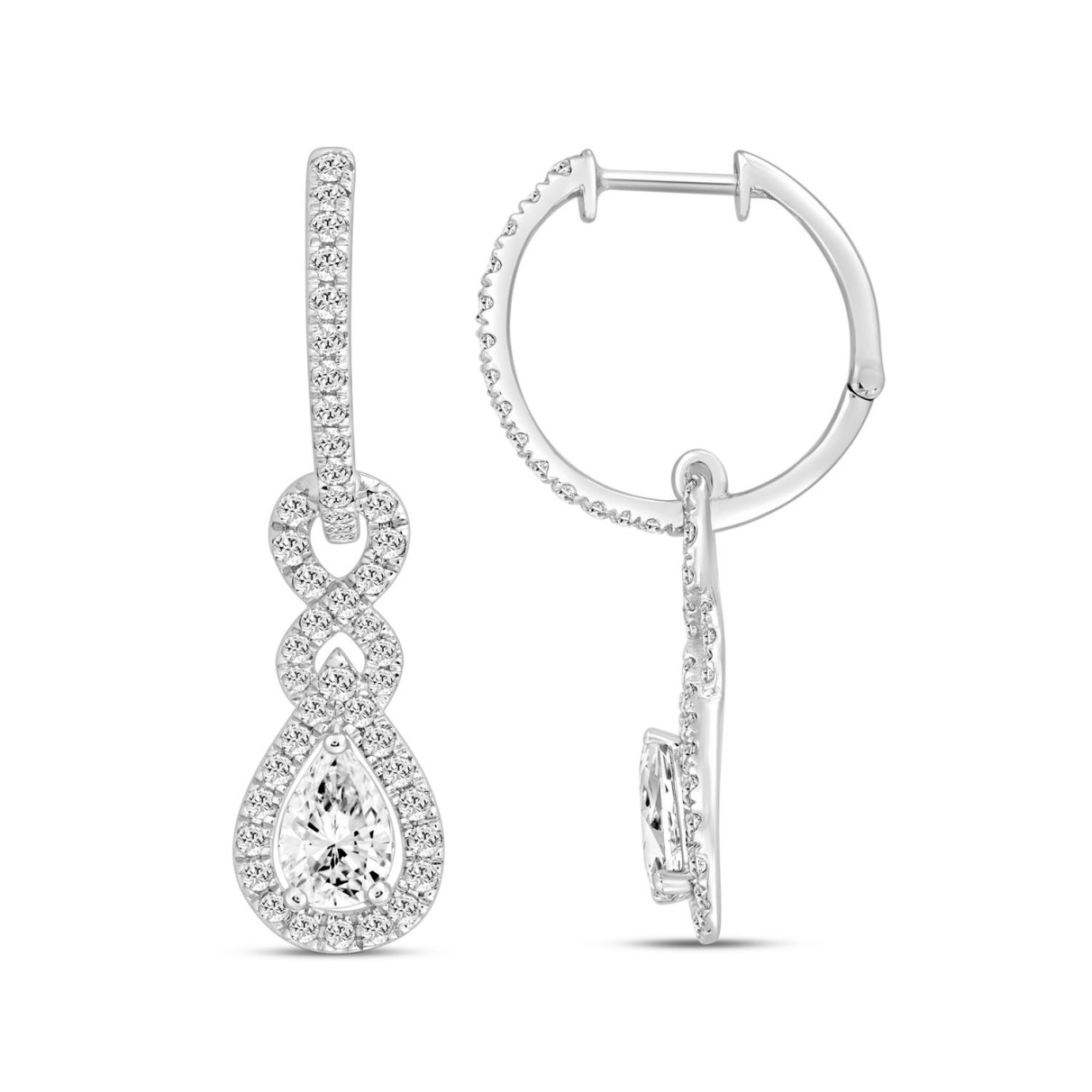 LADIES HOOPS EARRINGS 2.00CT ROUND/PEAR DIAMOND 14K WHITE GOLD