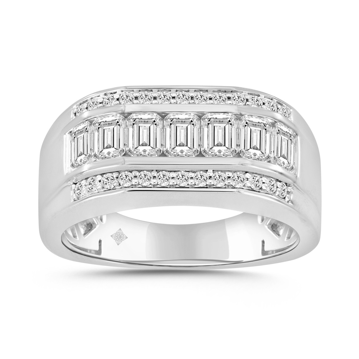MENS RING  2.00CT ROUND/EMERALD DIAMOND 14K WHITE ...