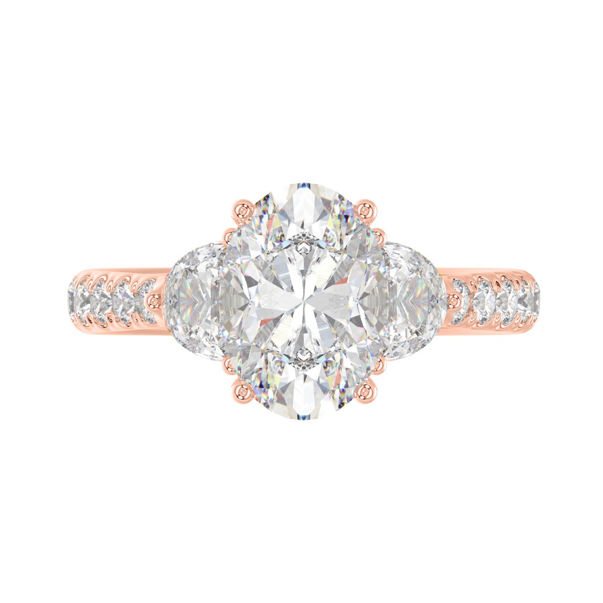 14K ROSE GOLD 1.00CT ROUND/OVAL/HALF MOON DIAMOND LADIES RING (CENTER STONE OVAL DIAMOND 2CT)