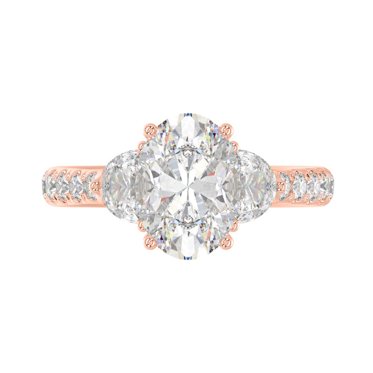 14K ROSE GOLD 1.00CT ROUND/OVAL/HALF MOON DIAMOND LADIES RING (CENTER STONE OVAL DIAMOND 2CT)