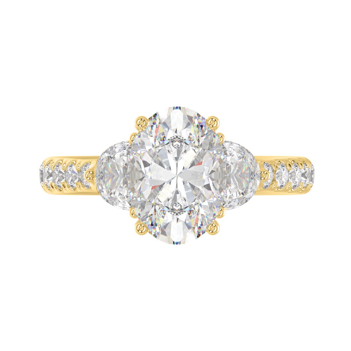 LADIES RING 3CT ROUND/OVAL/HALF MOON DIAMOND 14K YELLOW GOLD (CENTER STONE OVAL DIAMOND 2CT )