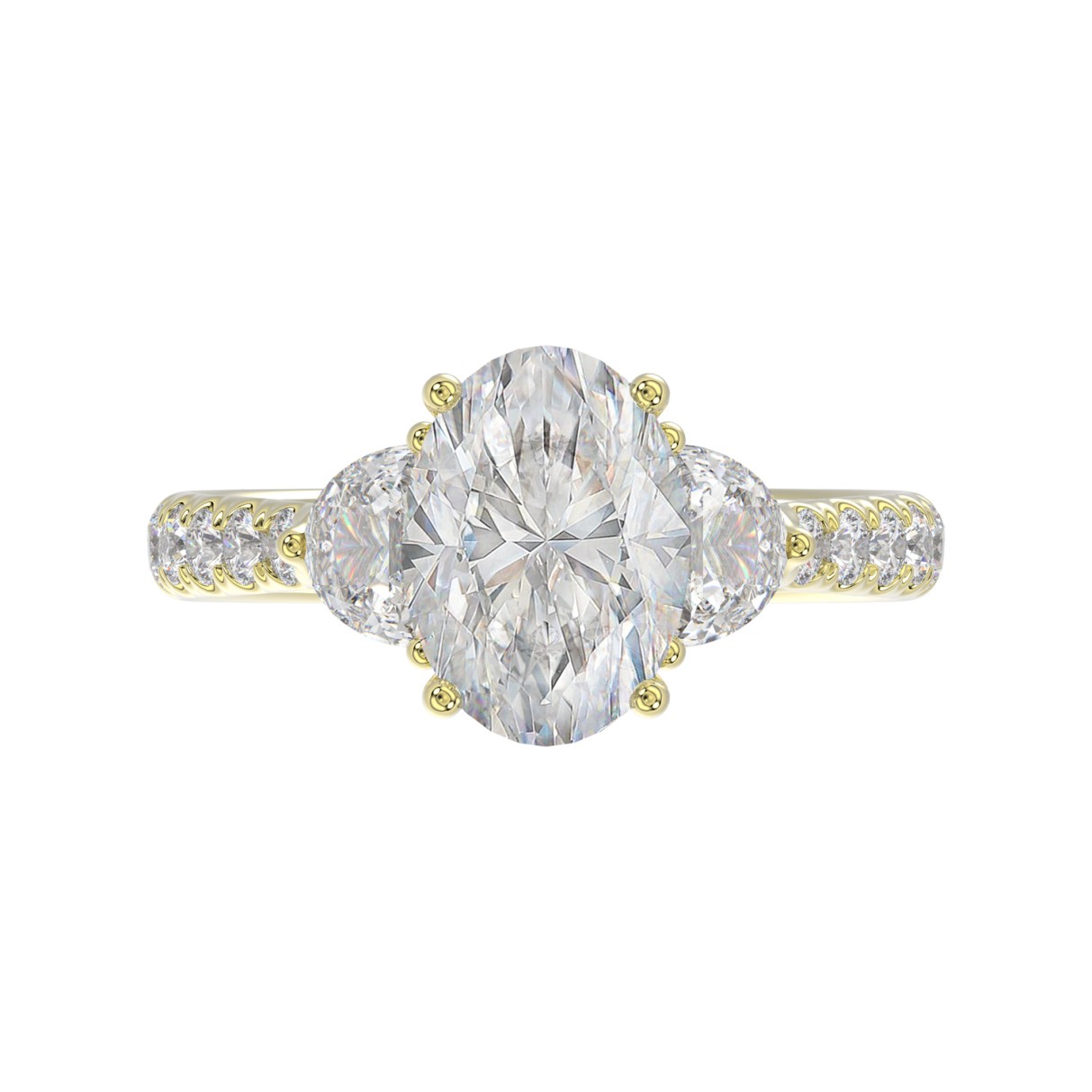 LADIES RING 3CT ROUND/OVAL/HALF MOON DIAMOND 14K YELLOW GOLD (CENTER STONE OVAL DIAMOND 2CT )