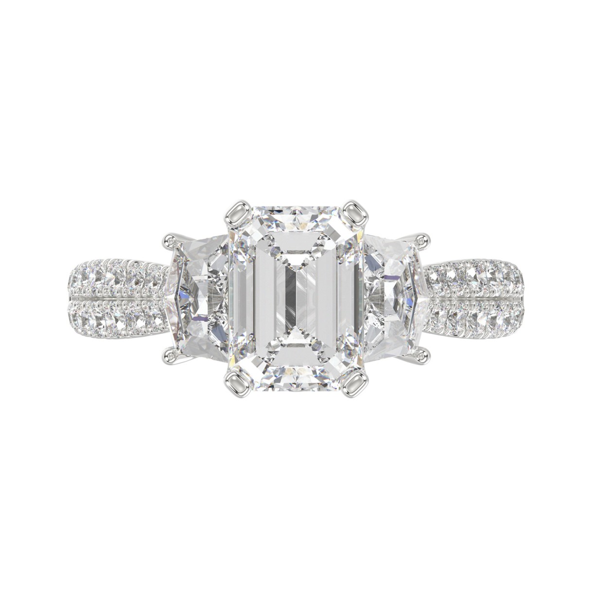 LADIES RING 3CT ROUND/EMERALD/CADILLAC DIAMOND 14K WHITE GOLD (CENTER STONE EMERALD DIAMOND 2CT )