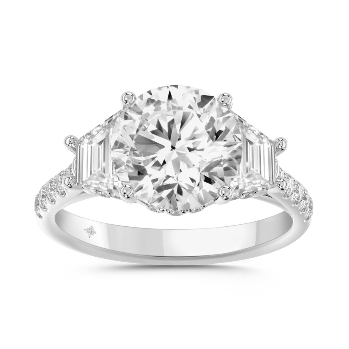 LADIES RING 3CT ROUND/TRAPEZOID DIAMOND 14K WHITE GOLD (CENTER STONE ROUND DIAMOND 2CT )