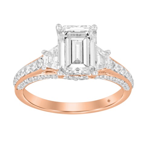 LADIES RING 3CT ROUND/EMERALD/TRAPEZOID DIAMOND 14K ROSE GOLD (CENTER STONE EMERALD DIAMOND 2CT)