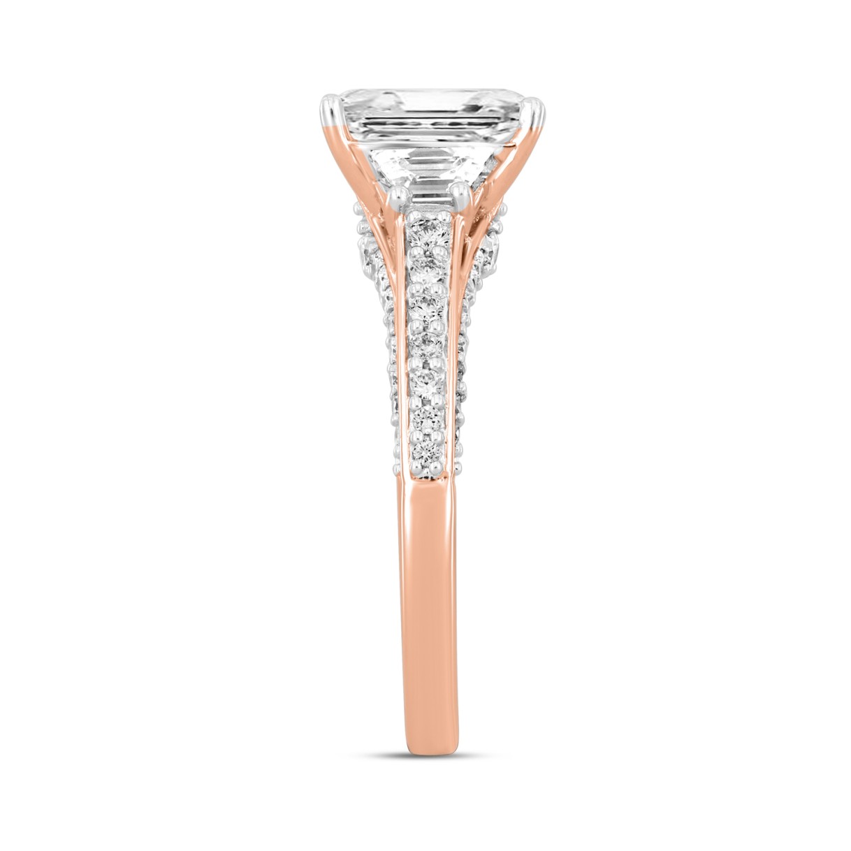 LADIES RING 3CT ROUND/EMERALD/TRAPEZOID DIAMOND 14K ROSE GOLD (CENTER STONE EMERALD DIAMOND 2CT)