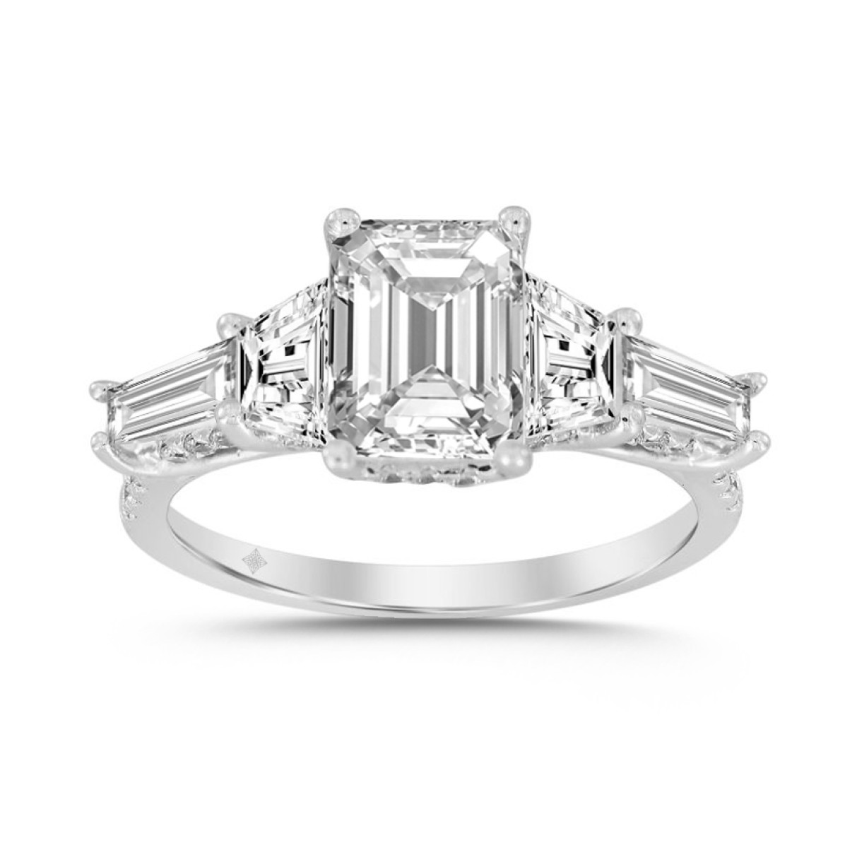 LADIES RING 3 1/2CT ROUND/EMERALD/TRAPEZOID/BAGUETTE DIAMOND 14K WHITE GOLD (CENTER STONE EMERALD DIAMOND 2CT )