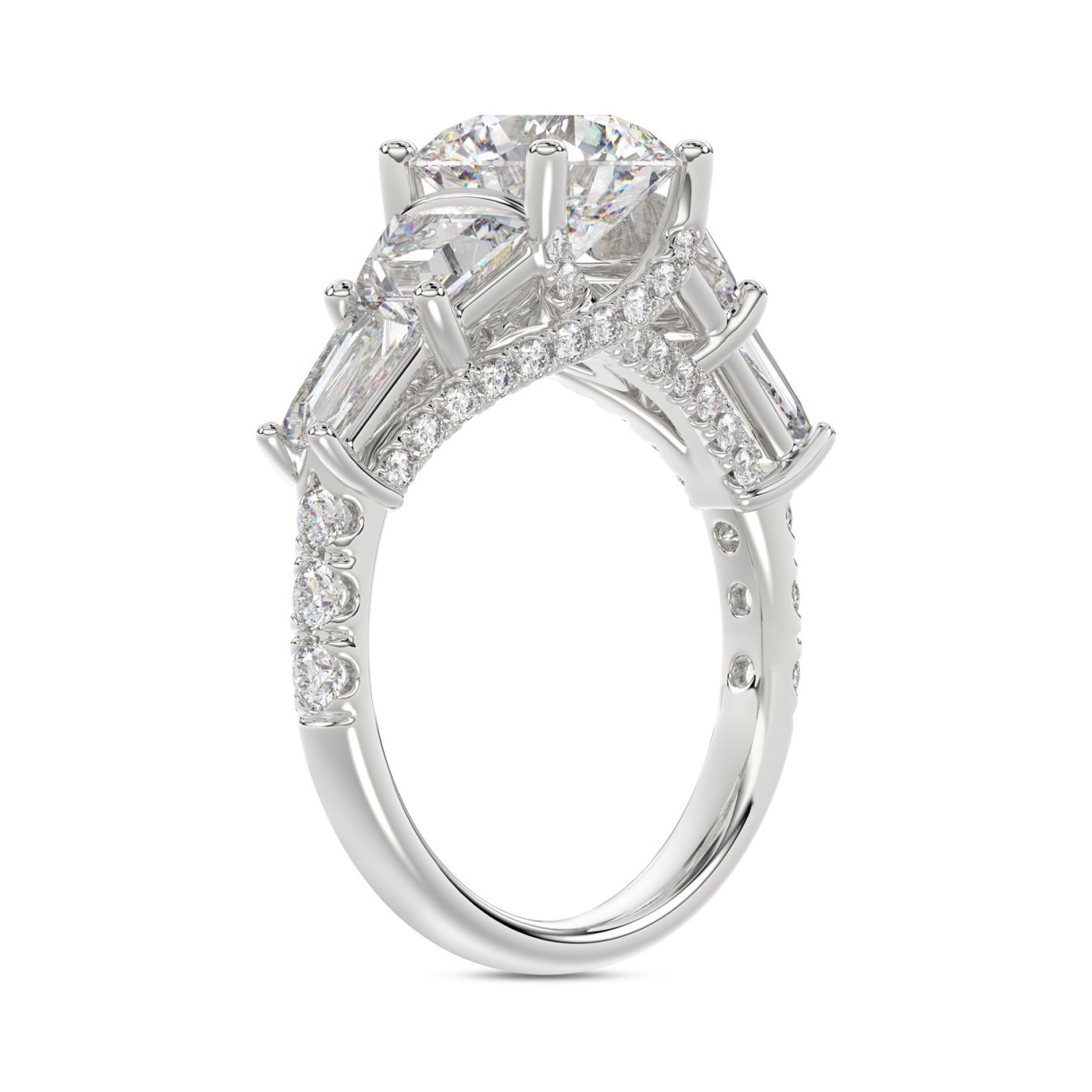 LADIES RING 3 3/4CT ROUND/TRAPEZOID/BAGUETTE DIAMOND 14K WHITE GOLD (CENTER STONE ROUND DIAMOND 2CT )