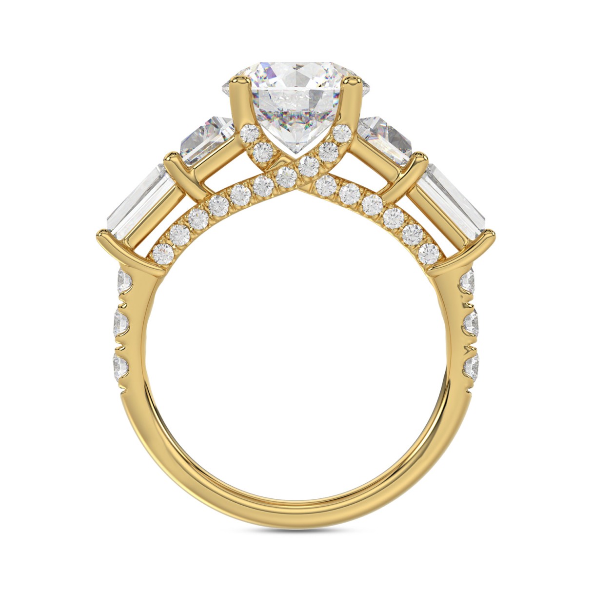 14K YELLOW GOLD 3 3/4CT ROUND/TRAPEZOID/BAGUETTE DIAMOND LADIES RING (CENTER STONE ROUND DIAMOND 2CT)