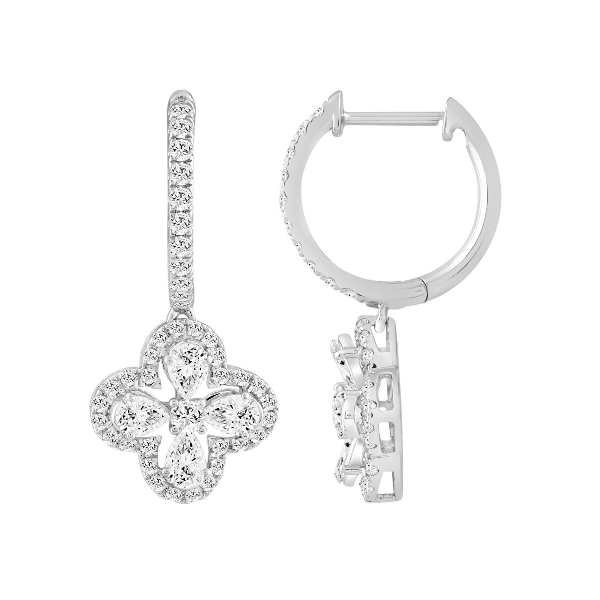 LADIES EARRINGS 1 1/2CT ROUND/PEAR DIAMOND 14K WHITE GOLD