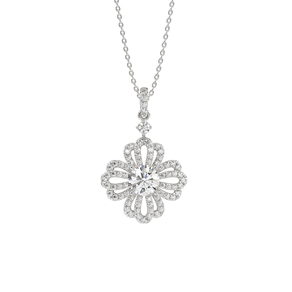 1 1/2Ct Round Diamond Flower Pendant In 14K White Gold Luxury Floral Diamond Pendant For Women (Color F-G -Clarity Vs1/Vs2)
