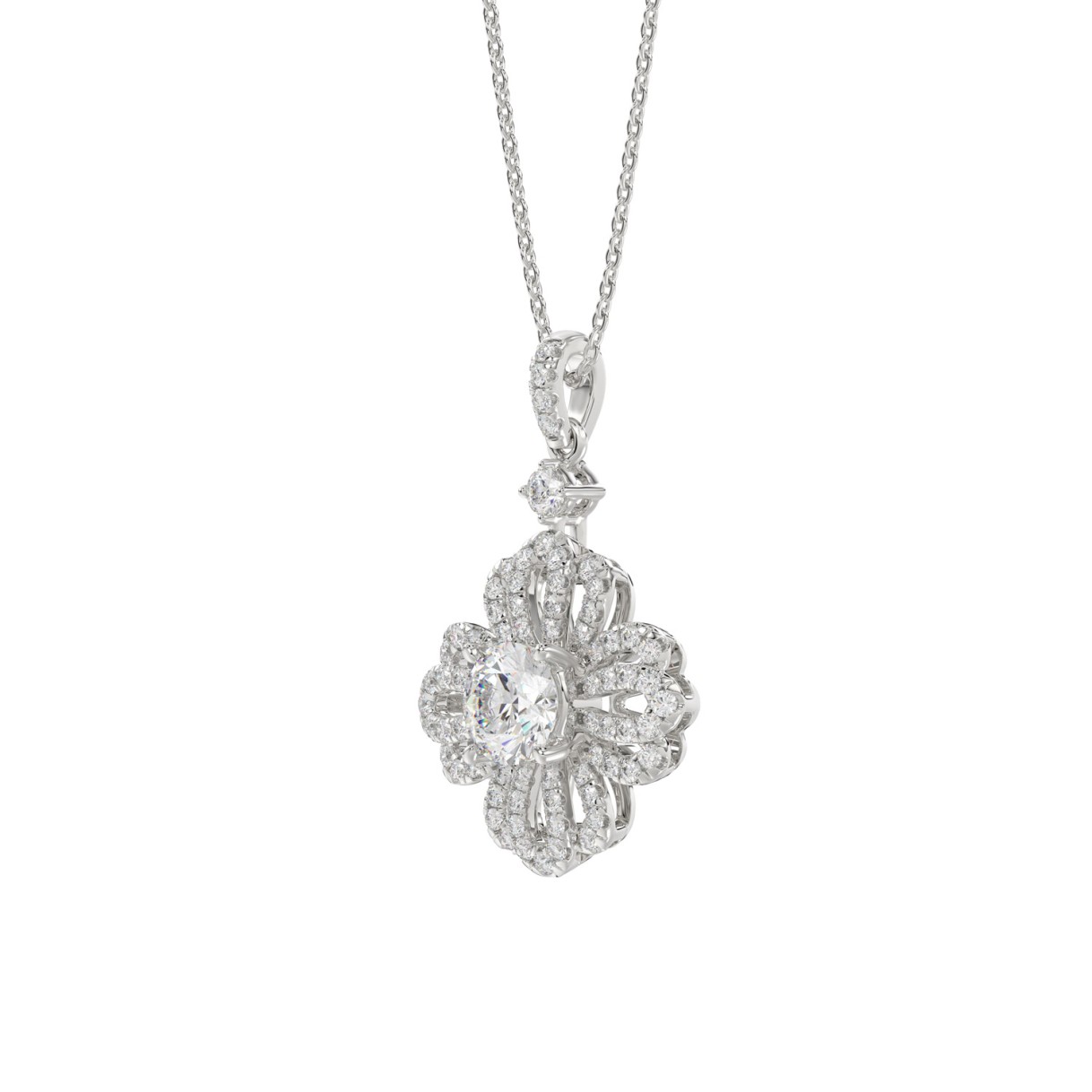 1 1/2Ct Round Diamond Flower Pendant In 14K White Gold Luxury Floral Diamond Pendant For Women (Color F-G -Clarity Vs1/Vs2)
