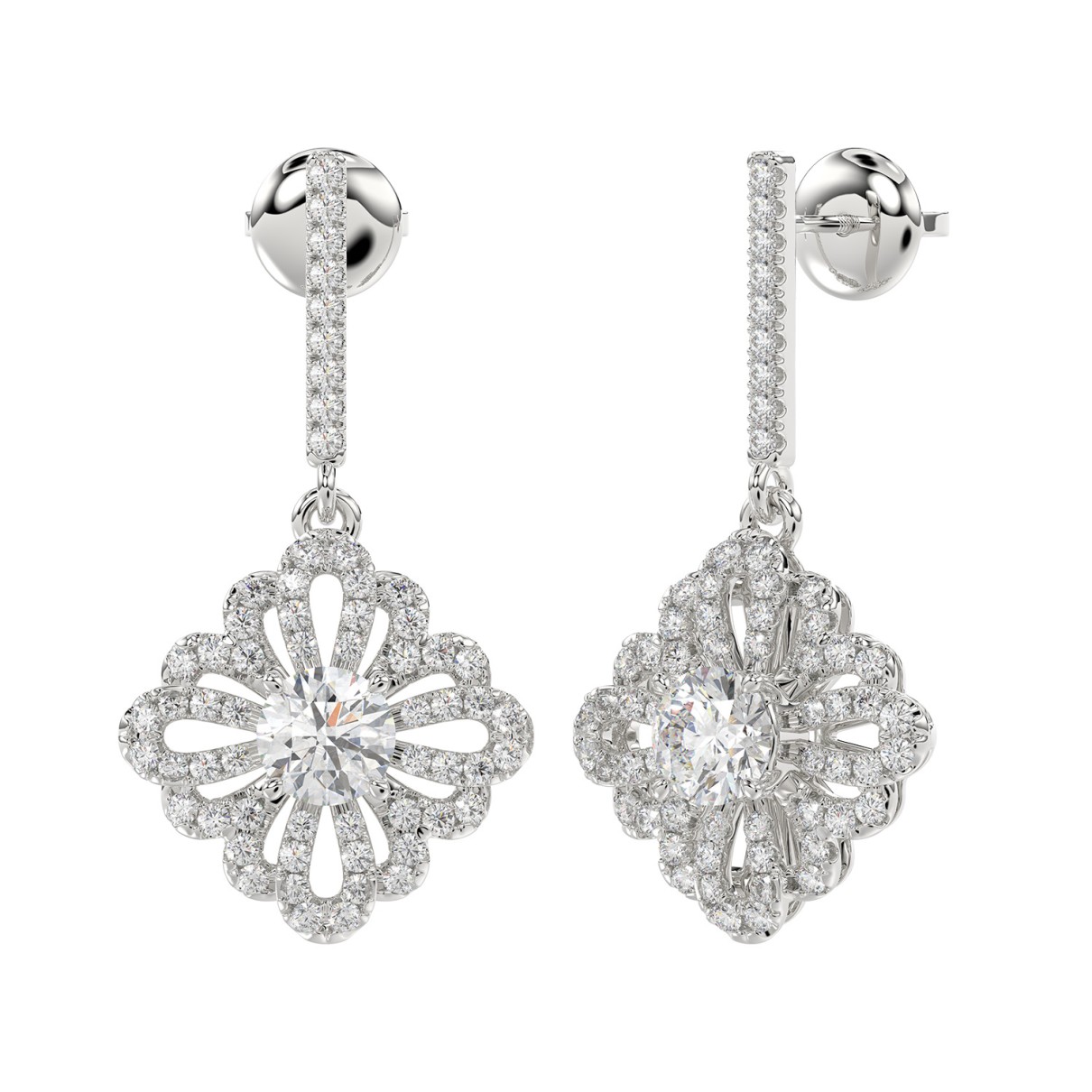 LADIES EARRINGS 1 3/4CT ROUND DIAMOND 14K WHITE GOLD