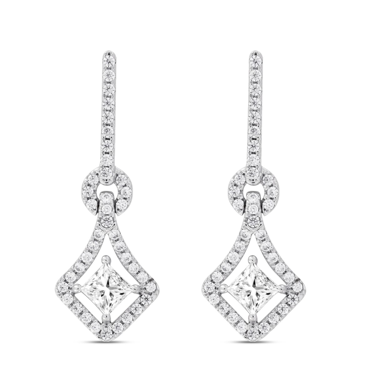 LADIES EARRINGS 1 1/3CT ROUND/PRINCESS DIAMOND 14K WHITE GOLD