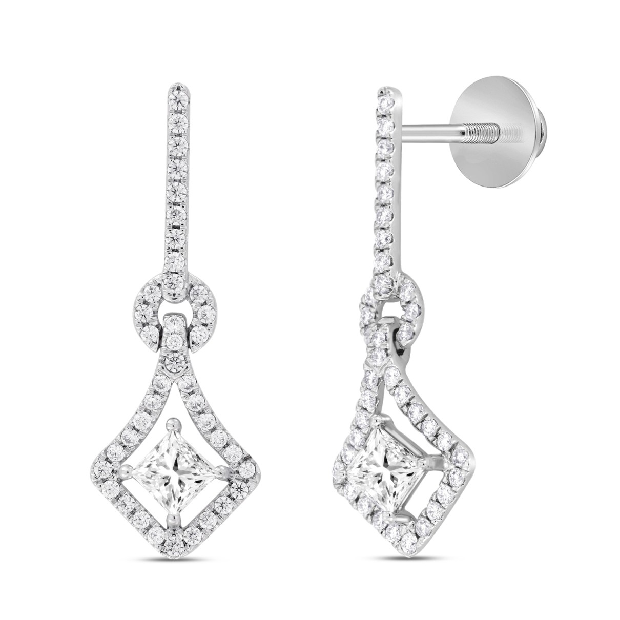 LADIES EARRINGS 1 1/3CT ROUND/PRINCESS DIAMOND 14K WHITE GOLD