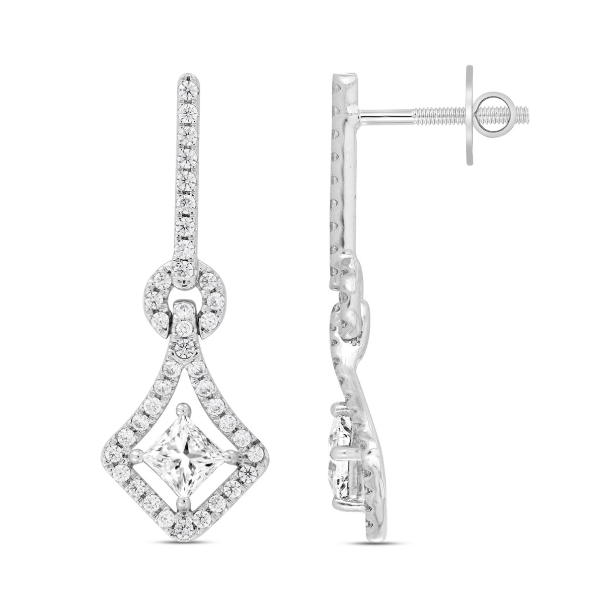 LADIES EARRINGS 1 1/3CT ROUND/PRINCESS DIAMOND 14K WHITE GOLD