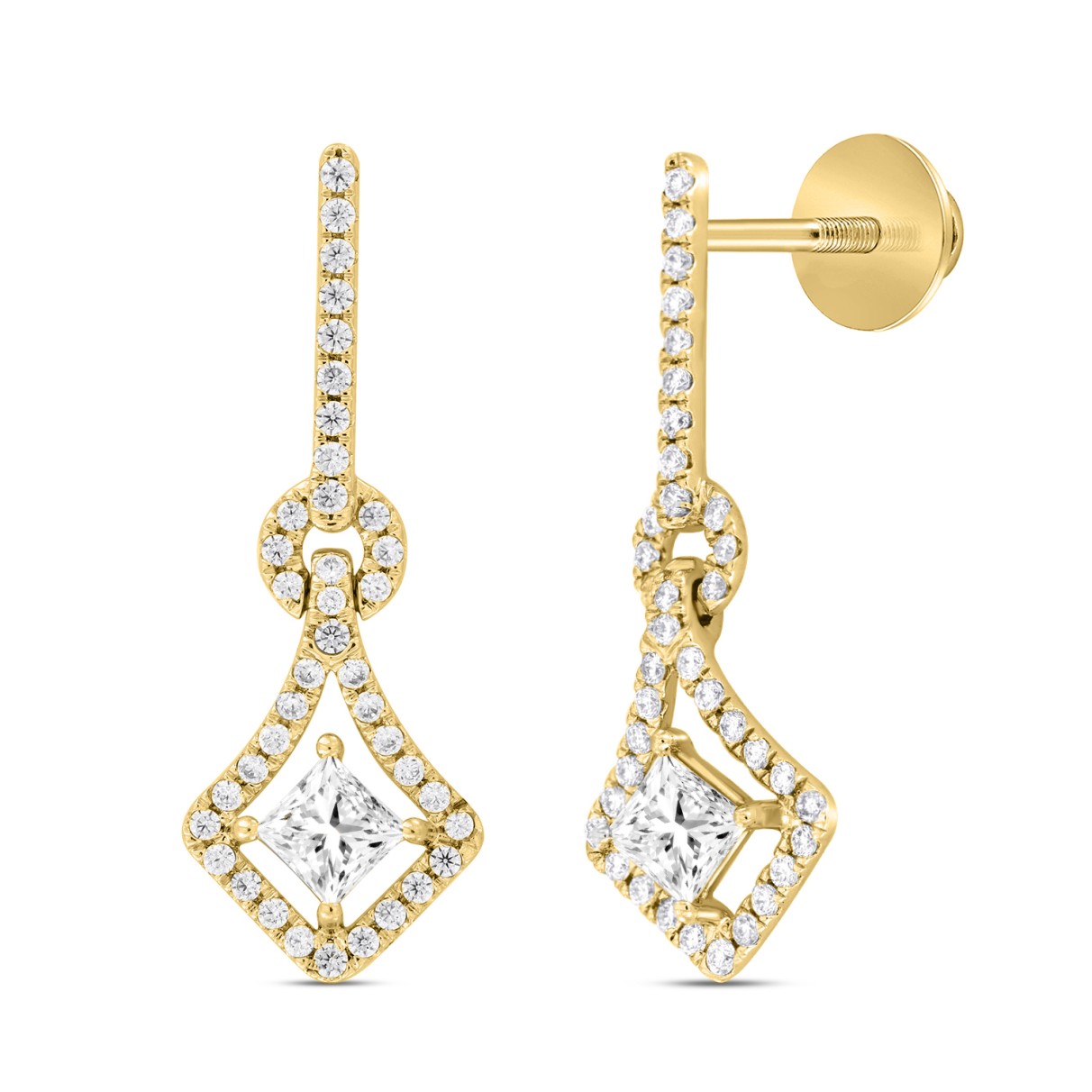 LADIES EARRINGS 1 1/3CT ROUND/PRINCESS DIAMOND 14K YELLOW GOLD