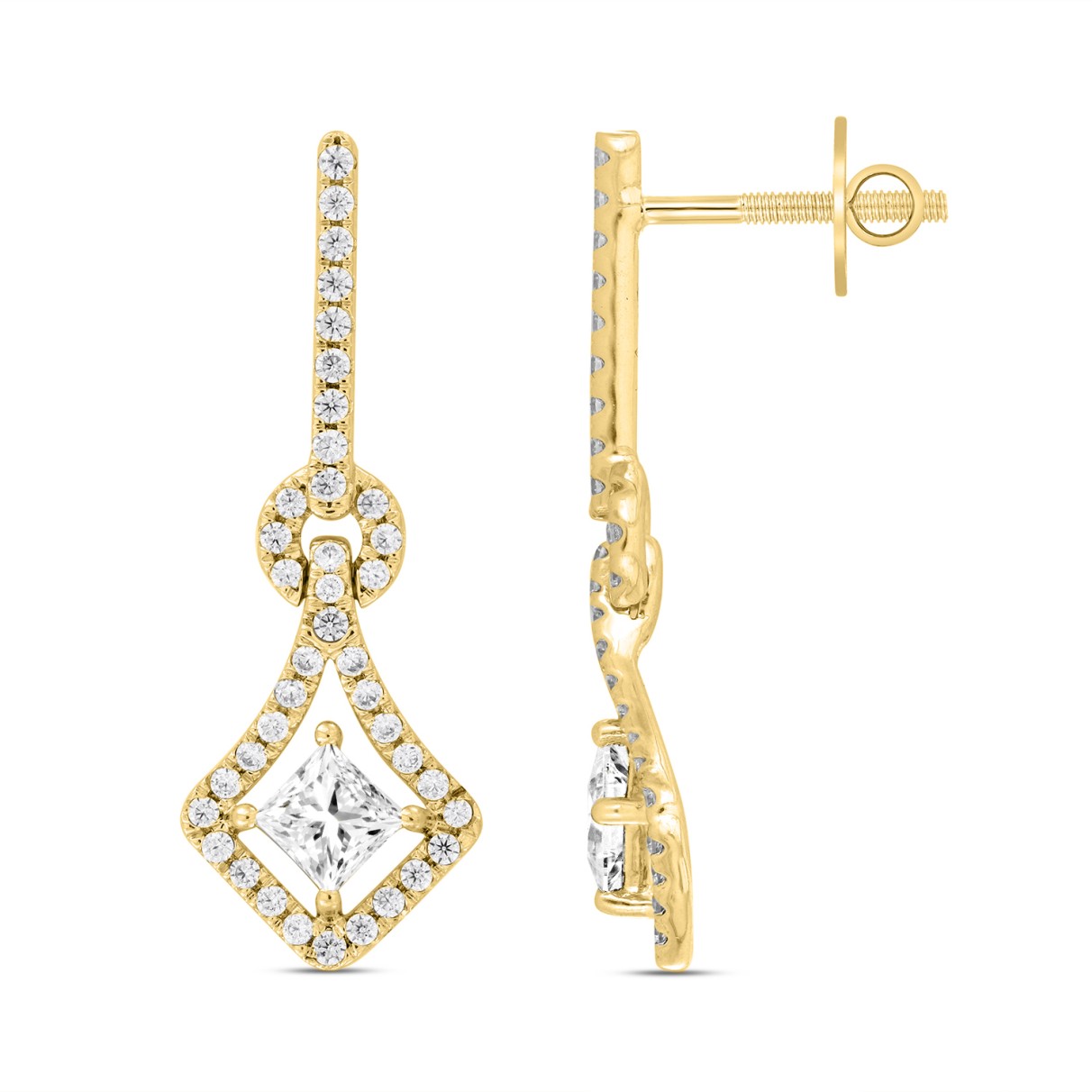 LADIES EARRINGS 1 1/3CT ROUND/PRINCESS DIAMOND 14K YELLOW GOLD