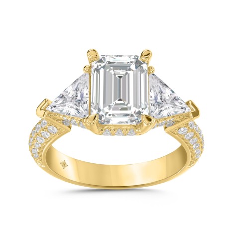 LADIES RING 3 1/2CT ROUND/EMERALD/TRILLION DIAMOND 14K YELLOW GOLD (CENTER STONE EMERALD DIAMOND 2CT )