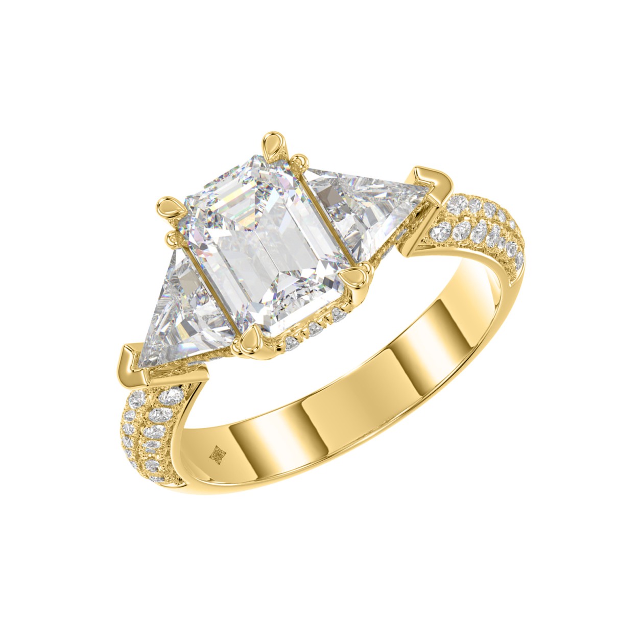 LADIES RING 3 1/2CT ROUND/EMERALD/TRILLION DIAMOND 14K YELLOW GOLD (CENTER STONE EMERALD DIAMOND 2CT )