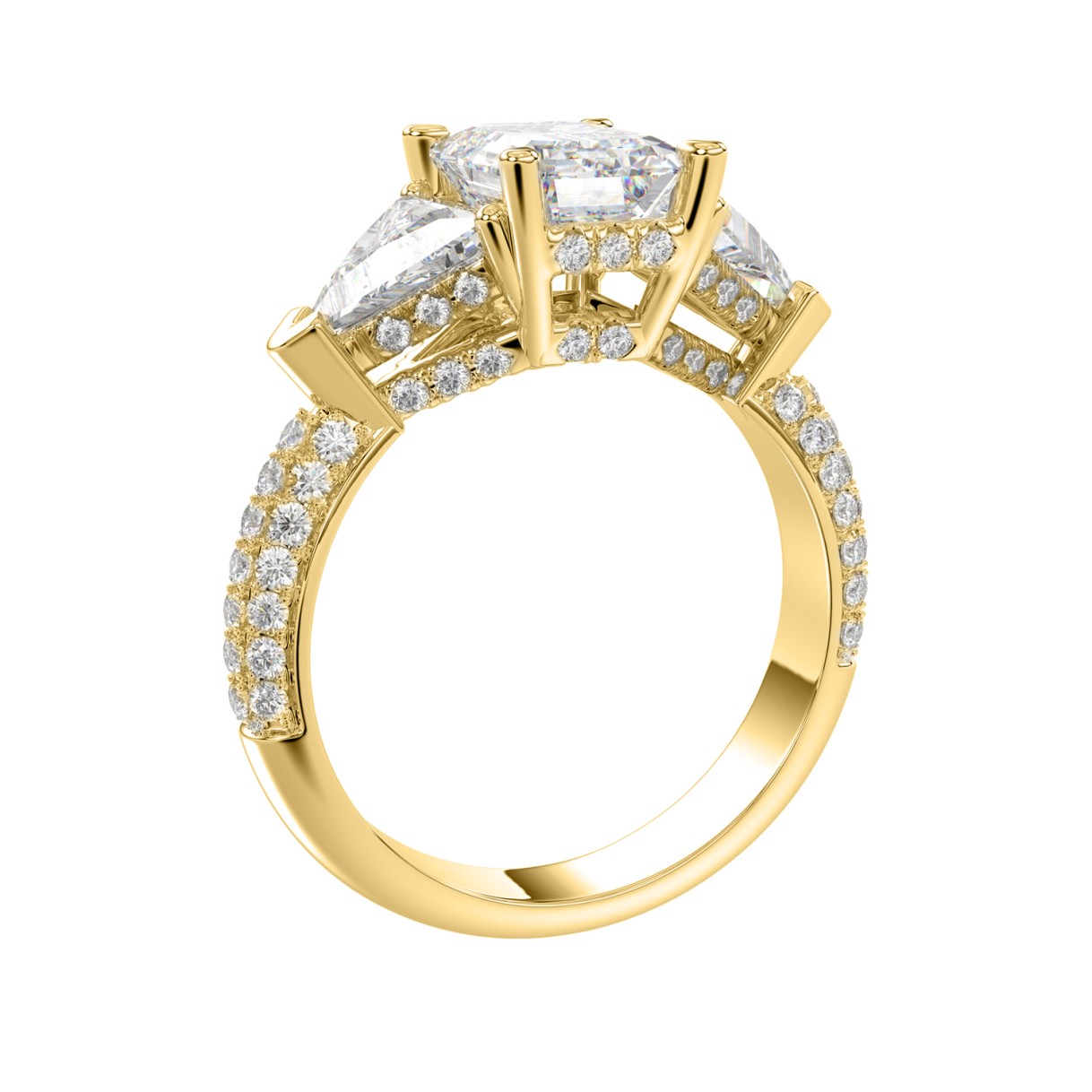 LADIES RING 3 1/2CT ROUND/EMERALD/TRILLION DIAMOND 14K YELLOW GOLD (CENTER STONE EMERALD DIAMOND 2CT )