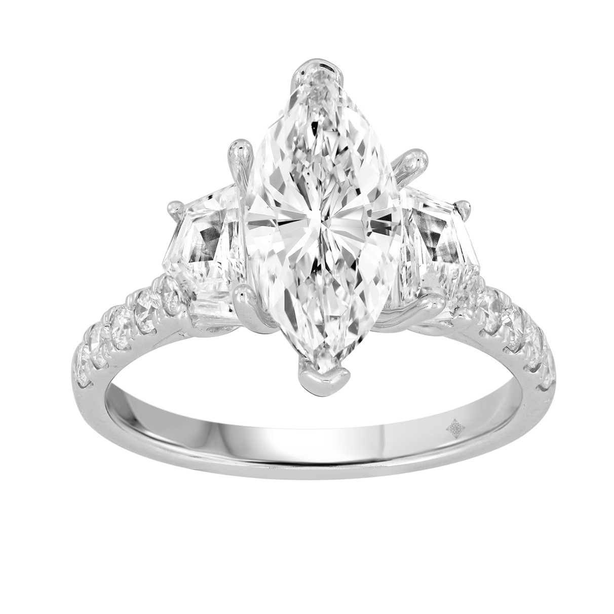 LADIES RING 3CT ROUND/MARQUISE/CADILLAC DIAMOND 14K WHITE GOLD (CENTER STONE MARQUISE DIAMOND 2CT )