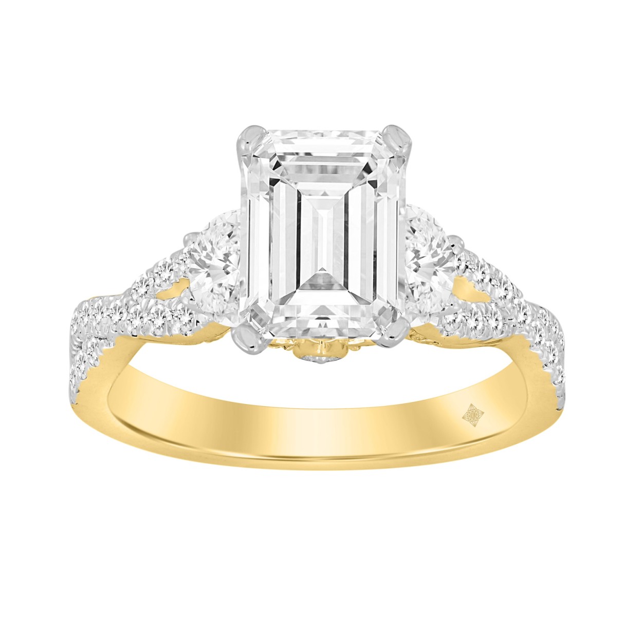 LADIES RING 3CT ROUND/HALF MOON/EMERALD DIAMOND 14K YELLOW GOLD (CENTER STONE EMERALD DIAMOND 2CT )