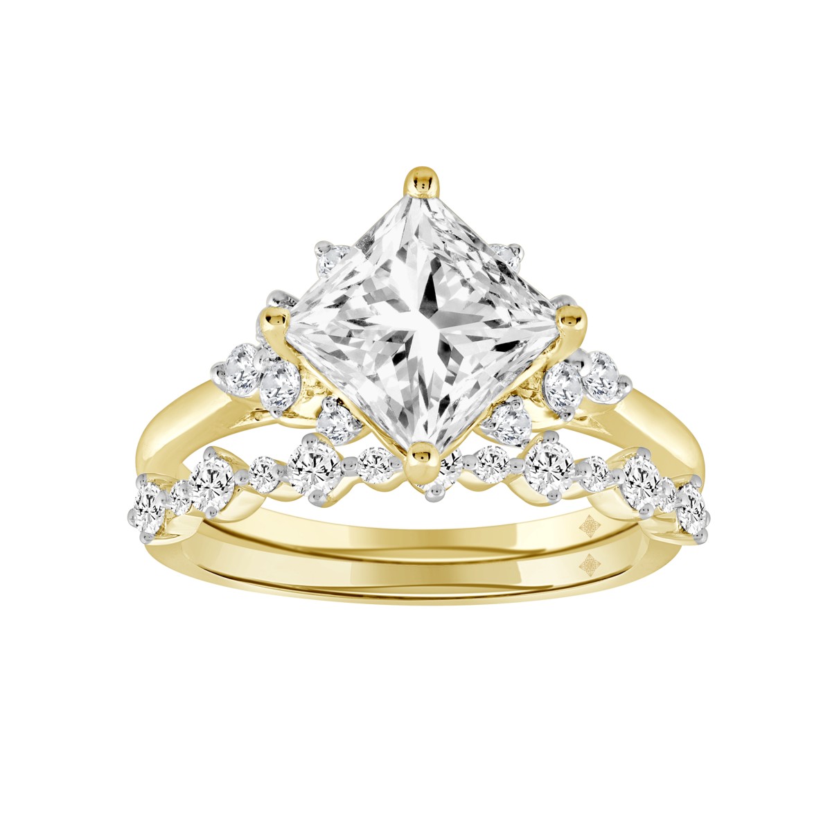 LADIES BRIDAL SET 2 1/2CT ROUND DIAMOND 14K YELLOW GOLD (CENTER STONE PRINCESS DIAMOND 1CT )