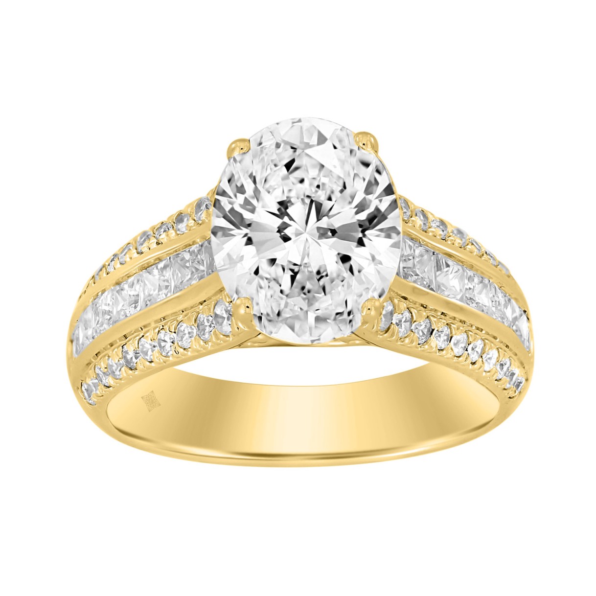 14K YELLOW GOLD 3 1/2CT ROUND/PRINCESS DIAMOND LADIES RING (CENTER STONE OVAL DIAMOND 2.00CT)