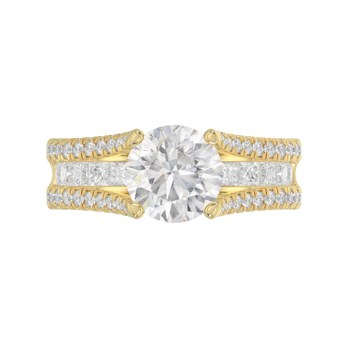 LADIES RING 3 1/2CT ROUND/PRINCESS DIAMOND 14K YELLOW GOLD (CENTER STONE ROUND DIAMOND 2CT )